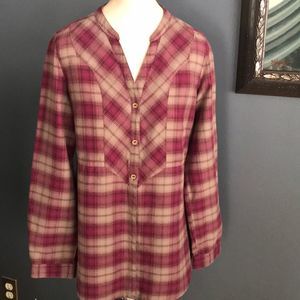 Royal Robbins burgundy/putty plaid shirt, new, M